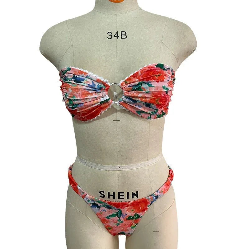 Women's lace print bikini set in blue, pink, yellow, or multicolour floral patterns, sizes S M L.