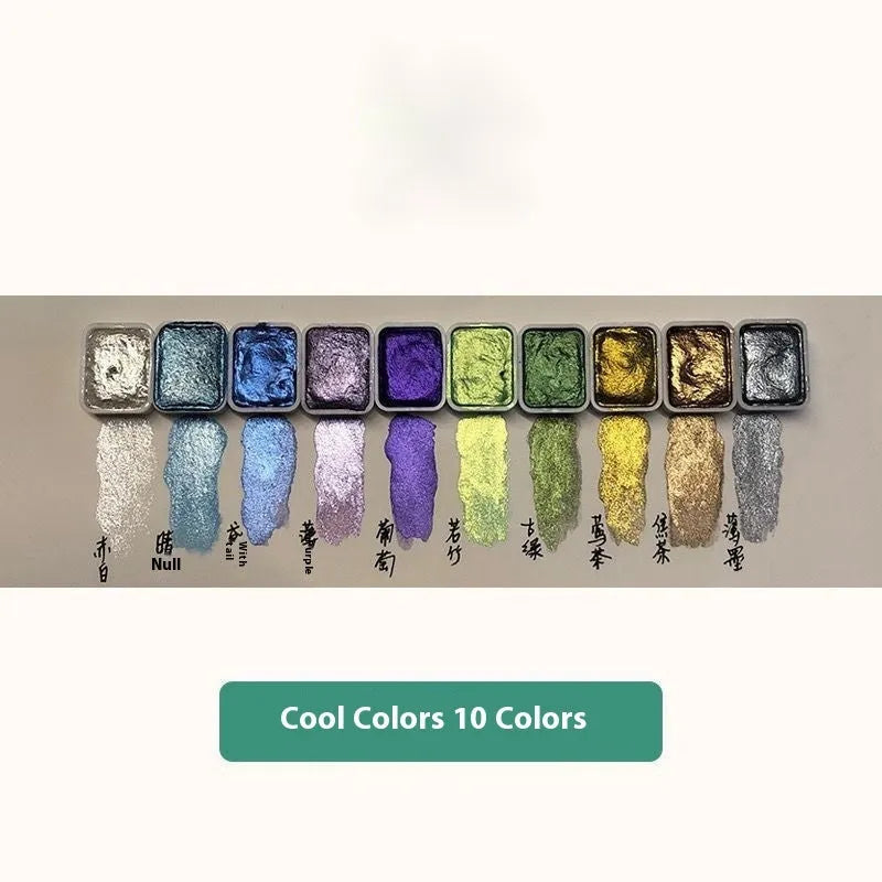 Traditional Chinese painting watercolour set showing 20 colour tubes including gold and silver metallics