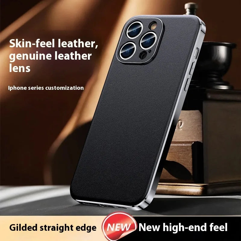 Genuine leather plating shell phone case with anti-fall protection for iPhone, plain Napa texture black