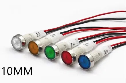 10mm waterproof indicator light with stainless steel edge in multiple colour options on a white background.