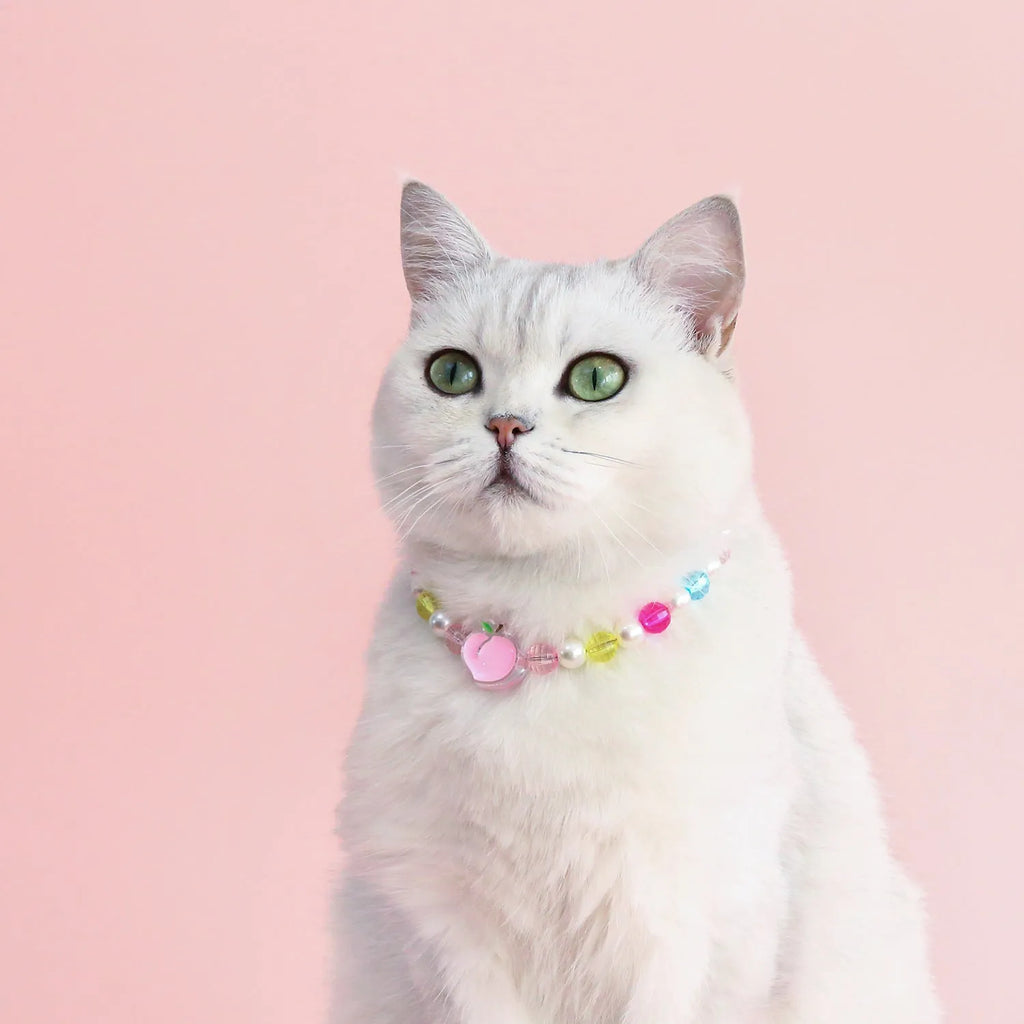 Colourful plastic bead pet necklace for cats in peach pattern with adjustable sizing