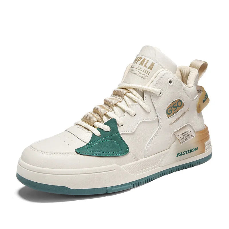 Men's high-top sports casual shoes with PU upper, mesh lining, and rubber sole in khaki, white, or black and gray