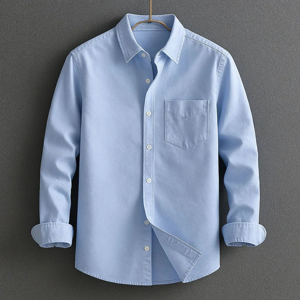 Men's business shirt in solid blue, loose fit cardigan style, size S to 4XL, 40 thread count
