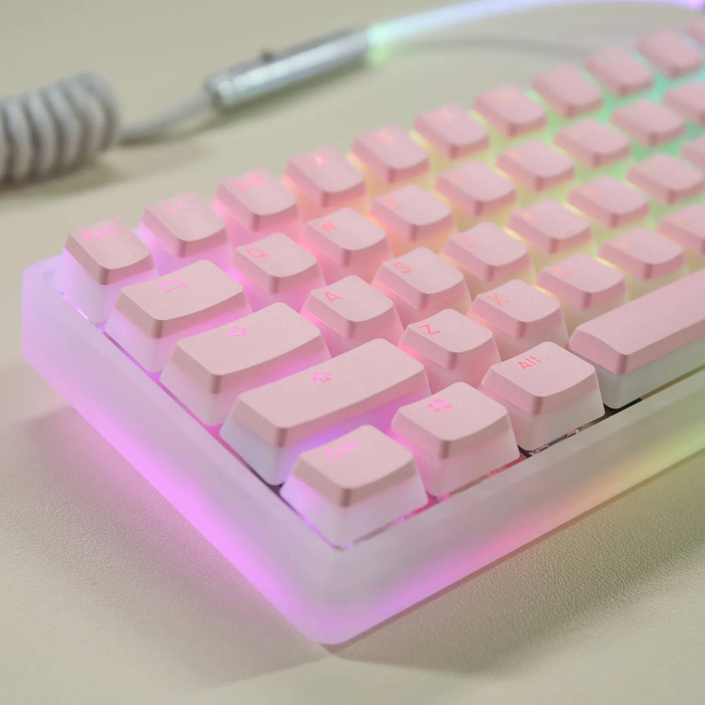 Transparent Double Skin Milk Pudding PBT keycap in OEM profile coloured pink with no water mouth finish