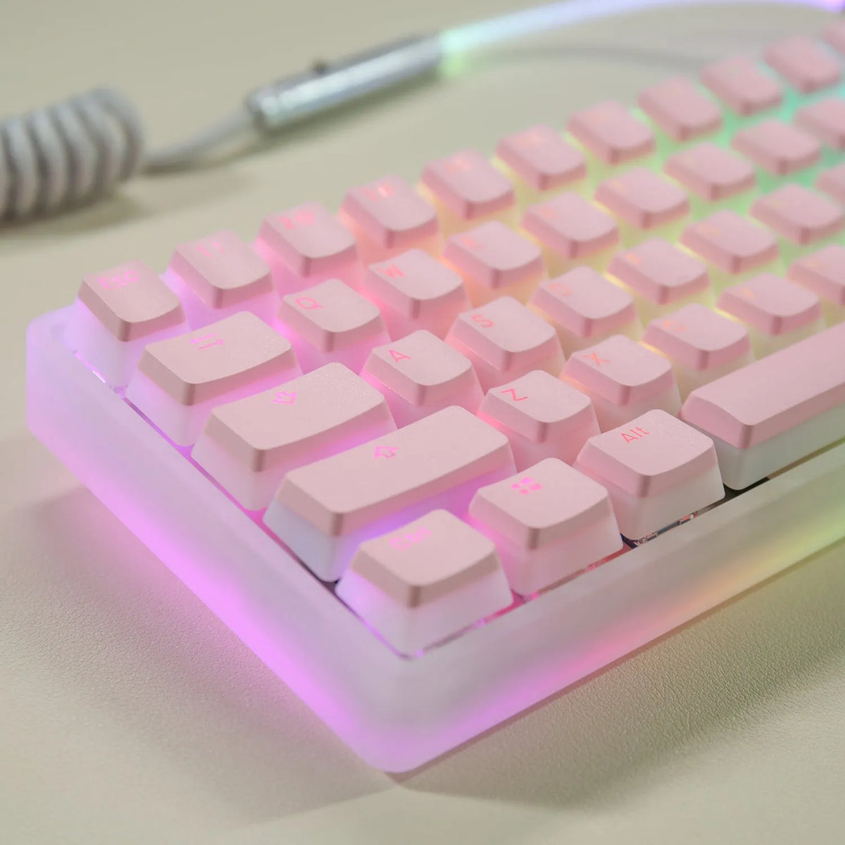 Transparent Double Skin Milk Pudding PBT keycap in OEM profile coloured pink with no water mouth finish