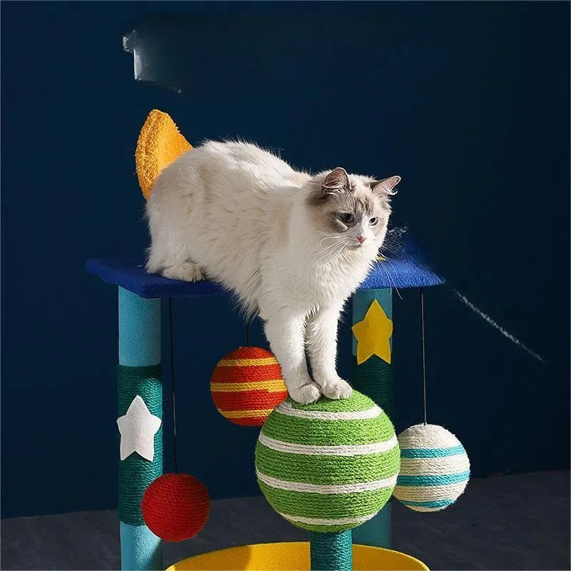 Star cat climbing frame with shelf, cat nest, and small tree in teddy velvet and sisal, cartoon style.