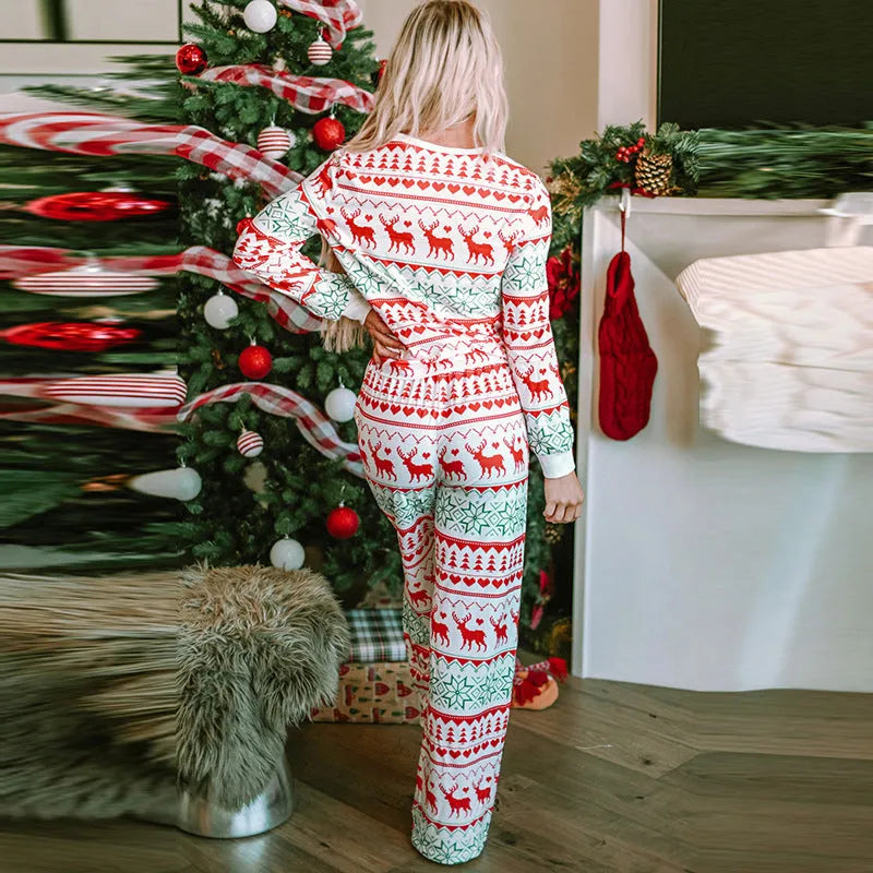 White Christmas fashion suit set with printed polyester top and trousers, casual long sleeve style
