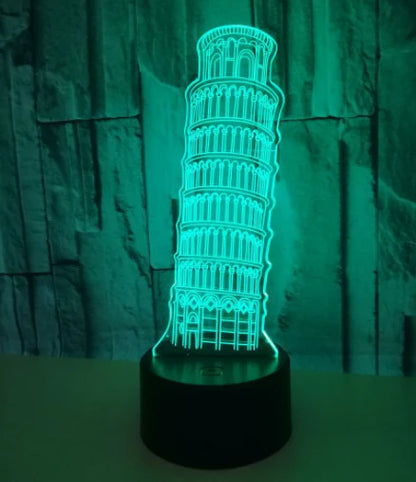 A 3D nightlight displaying the Leaning Tower of Pisa, with adjustable color and brightness settings for a captivating ambient lighting experience.