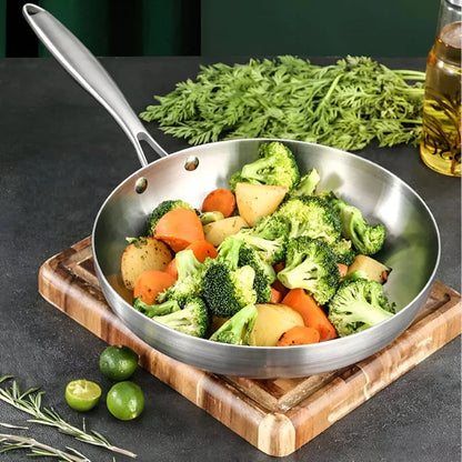 3-piece stainless steel frying pan set with non-stick coating, suitable for gas and induction cooktops