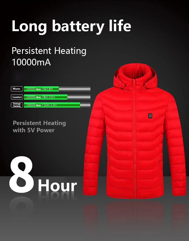 WarmWinter™ USB Heated Jacket in Black, Blue, and Red colours with adjustable heating zones and temperature settings