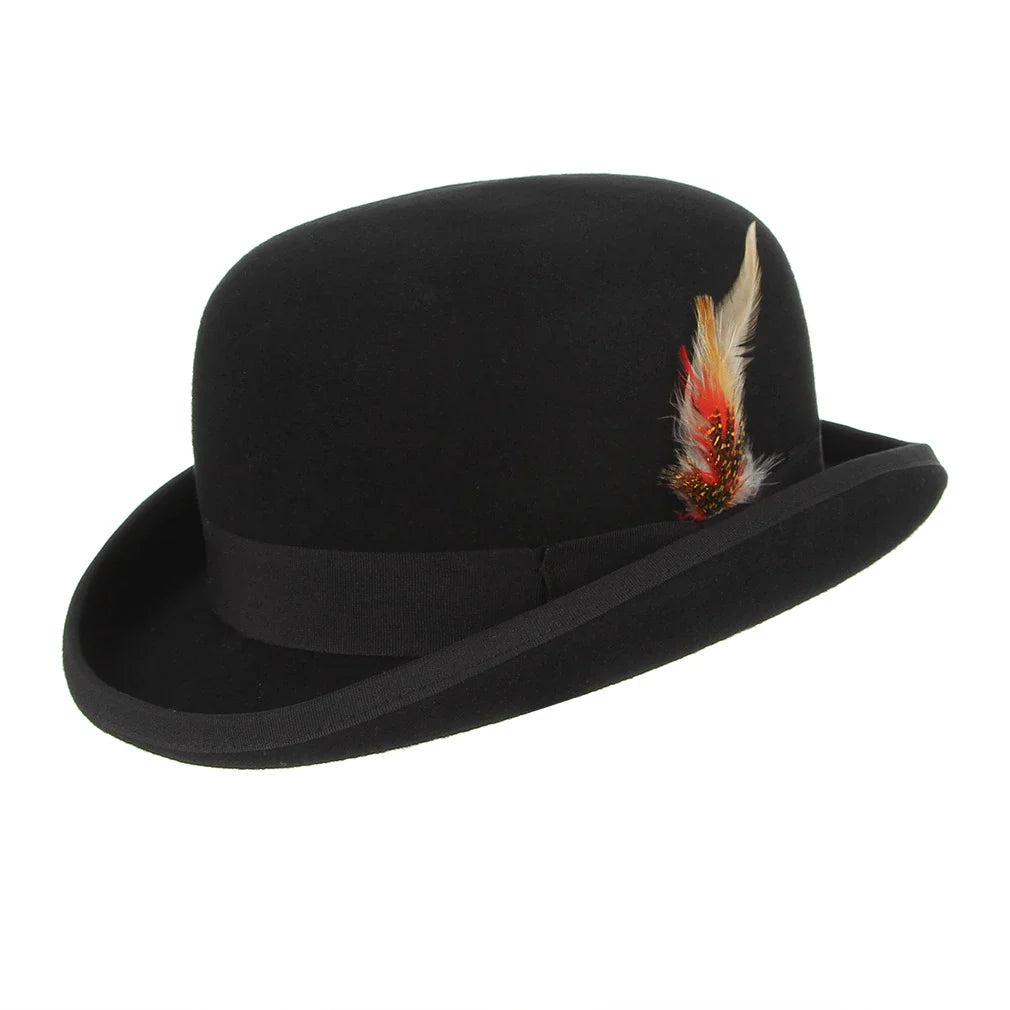 A stylish wool bowler hat with a domed crown and subtle feather trim, a classic British-inspired accessory for keeping warm and looking great in Kiwi winters.