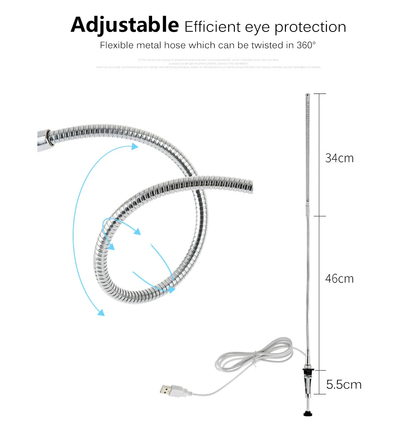 48-LED clip-on lamp with long adjustable arm and USB charging, perfect for brightening workspaces and study areas