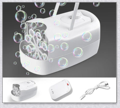 A white bubble machine blower with durable construction, perfect for birthday parties, weddings, and summer fun