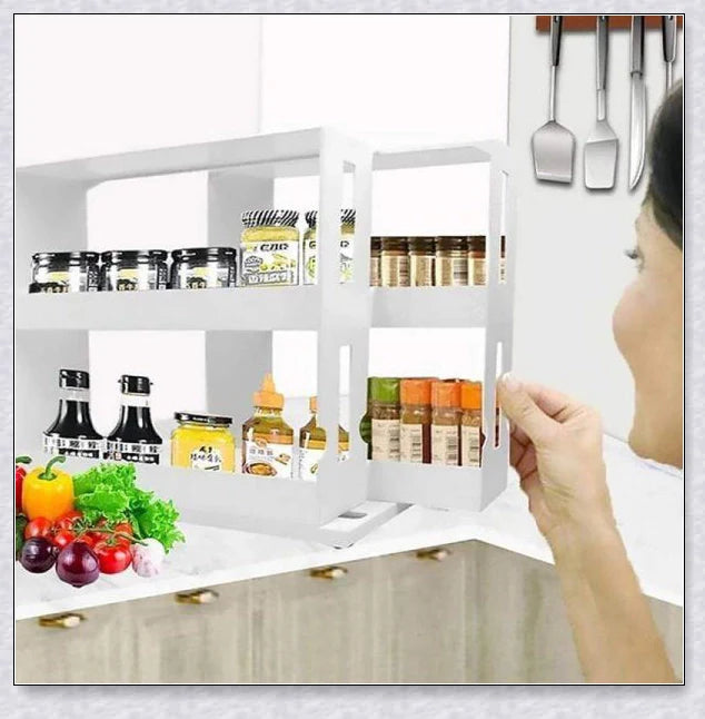 A multi-function rotating storage rack for organizing spices, herbs, and condiments in the kitchen