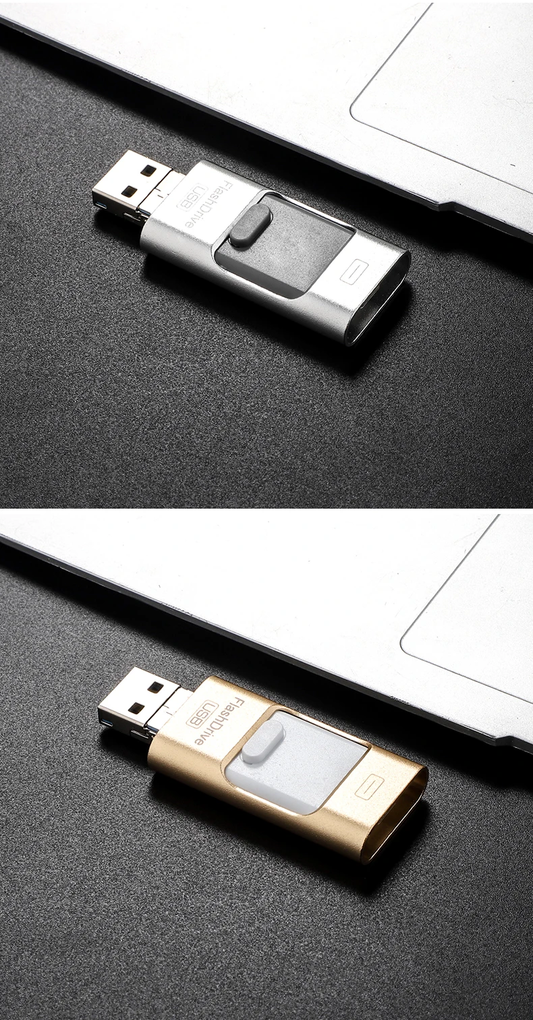 3-in-1 mobile-compatible USB memory stick in various colors and capacities for use with Android, Windows, and iOS devices