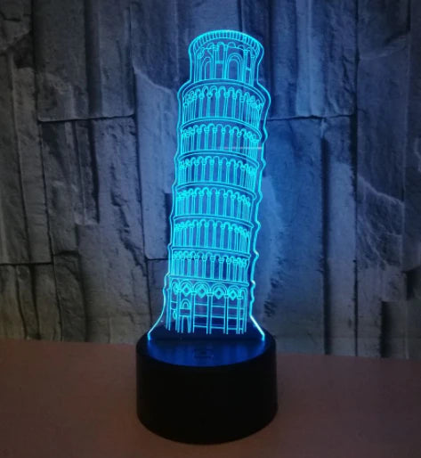 A 3D nightlight displaying the Leaning Tower of Pisa, with adjustable color and brightness settings for a captivating ambient lighting experience.