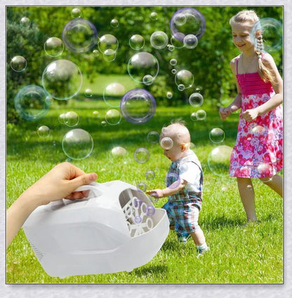 A white bubble machine blower with durable construction, perfect for birthday parties, weddings, and summer fun