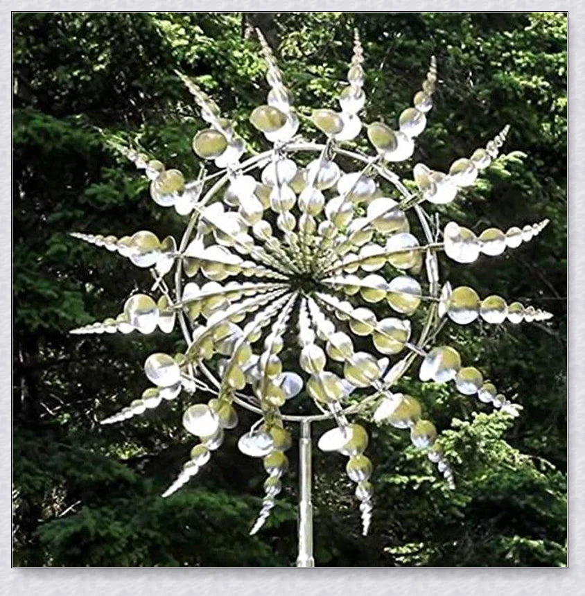 Wind-powered kinetic sculpture with dual-tier blades that spin independently, creating a mesmerizing dance in your backyard