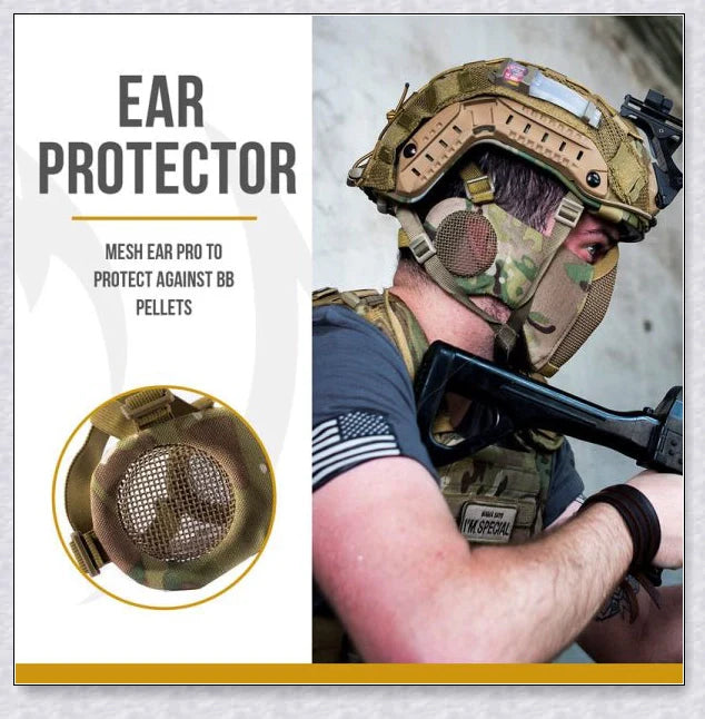 Tactical foldable mesh mask with ear protection, designed for airsoft enthusiasts with durable 1000D nylon construction and 800FPS impact resistance.