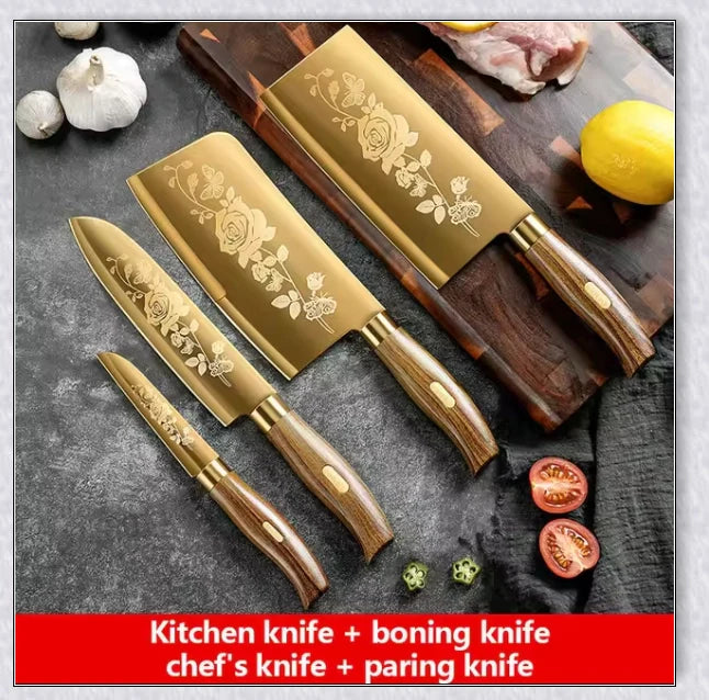 Titangold Designer Titanium Kitchen Knife Set with premium stainless steel blades, titanium coating, and ergonomic handles