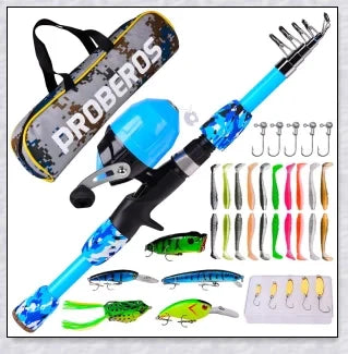 A high-quality fishing pole kit designed for kids, featuring a telescopic rod, spincast reel, and essential fishing accessories for outdoor adventures.