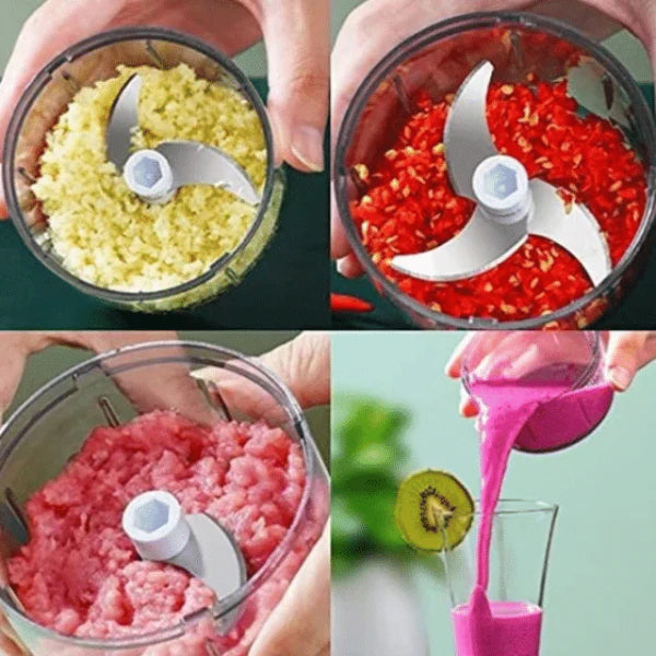 Versatile Electric Food Chopper with stainless steel blades, compact design, and USB-powered operation for efficient chopping and mincing in the kitchen.