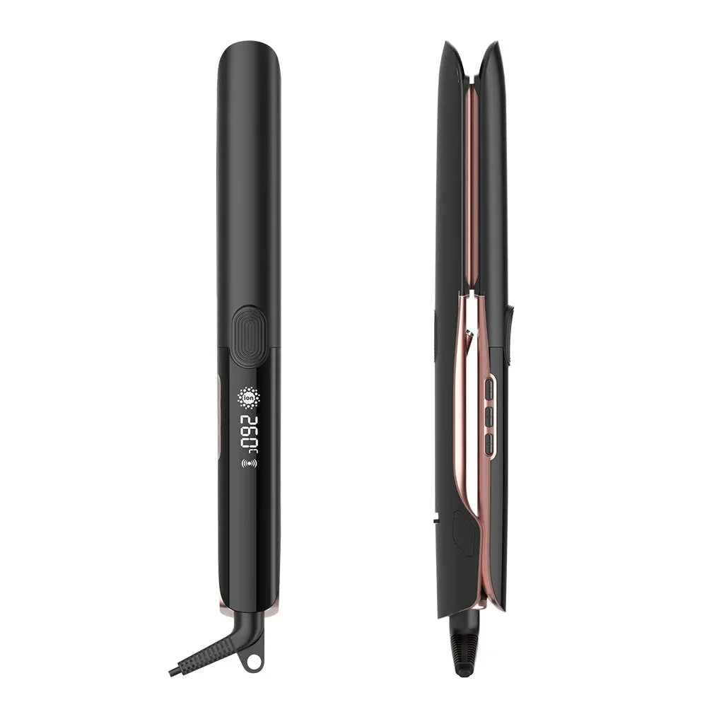 A professional 2-in-1 hair styling tool with straightening and curling capabilities, tourmaline ceramic plates, and vibration function for smooth, frizz-free results.