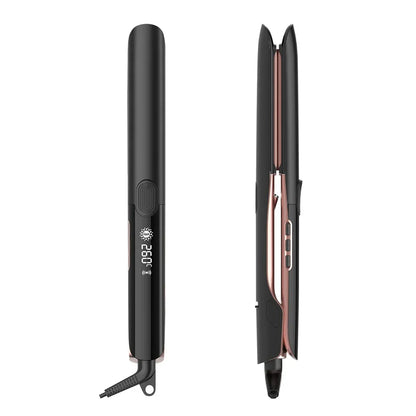 A professional 2-in-1 hair styling tool with straightening and curling capabilities, tourmaline ceramic plates, and vibration function for smooth, frizz-free results.