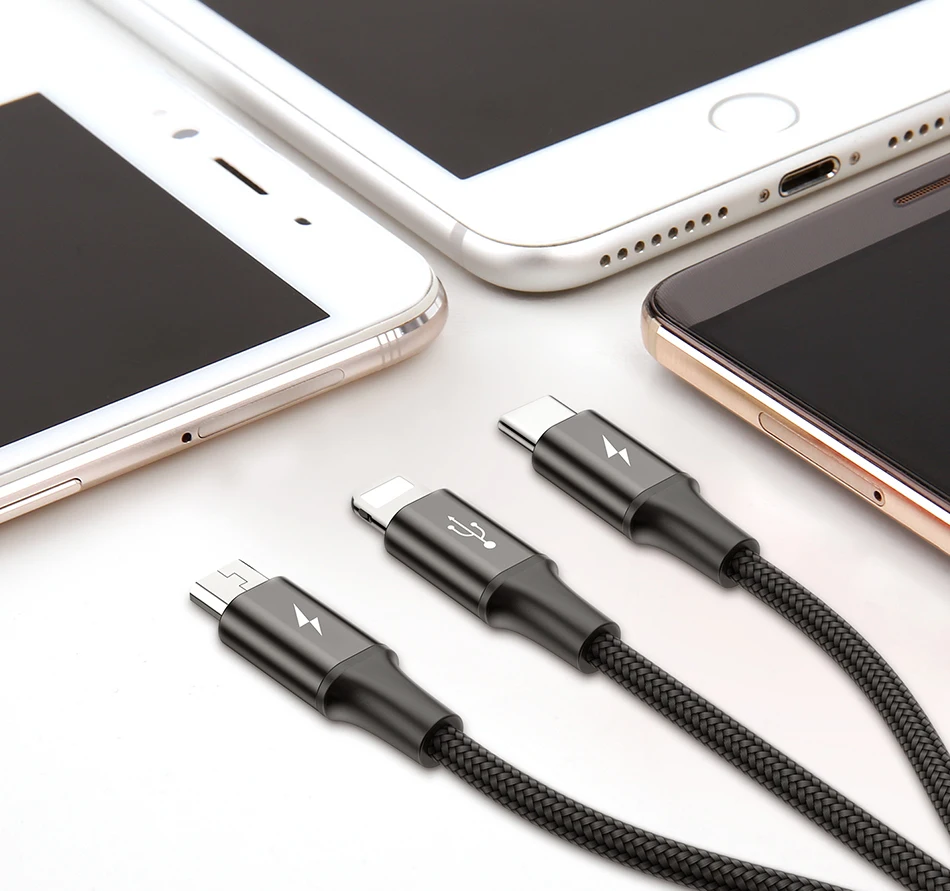 3-in-1 Super Fast Charge Cable with USB, Type-C, and Lightning connectors for charging multiple devices simultaneously