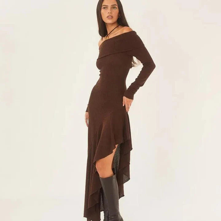 Chic off-the-shoulder ruffle long dress in a sophisticated and stylish design for summer events and occasions