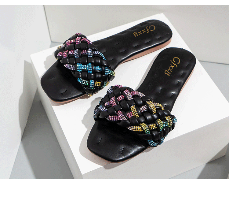 Stylish square head flat sandals with colorful diamond embroidery and a comfortable rubber sole