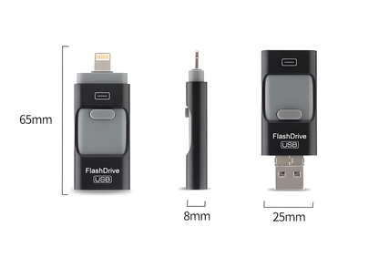 3-in-1 mobile-compatible USB memory stick in various colors and capacities for use with Android, Windows, and iOS devices