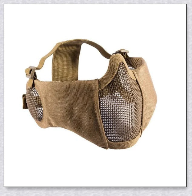 Tactical foldable mesh mask with ear protection, designed for airsoft enthusiasts with durable 1000D nylon construction and 800FPS impact resistance.