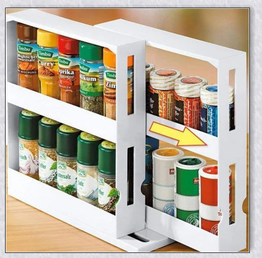 A multi-function rotating storage rack for organizing spices, herbs, and condiments in the kitchen