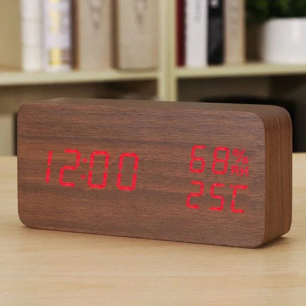 Versatile wooden alarm clock with humidity sensor and silent mode for baby's nursery