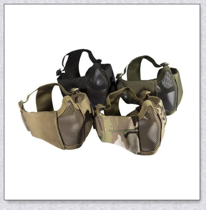 Tactical foldable mesh mask with ear protection, designed for airsoft enthusiasts with durable 1000D nylon construction and 800FPS impact resistance.