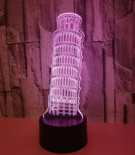 A 3D nightlight displaying the Leaning Tower of Pisa, with adjustable color and brightness settings for a captivating ambient lighting experience.