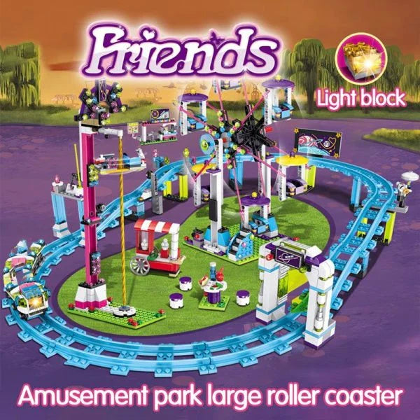 A detailed LEGO amusement park with a roller coaster, Ferris wheel, and drop tower, along with four mini-doll figures in summer outfits.