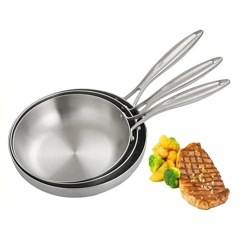 3-piece stainless steel frying pan set with non-stick coating, suitable for gas and induction cooktops