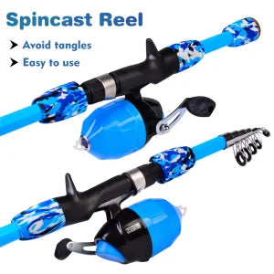 A high-quality fishing pole kit designed for kids, featuring a telescopic rod, spincast reel, and essential fishing accessories for outdoor adventures.