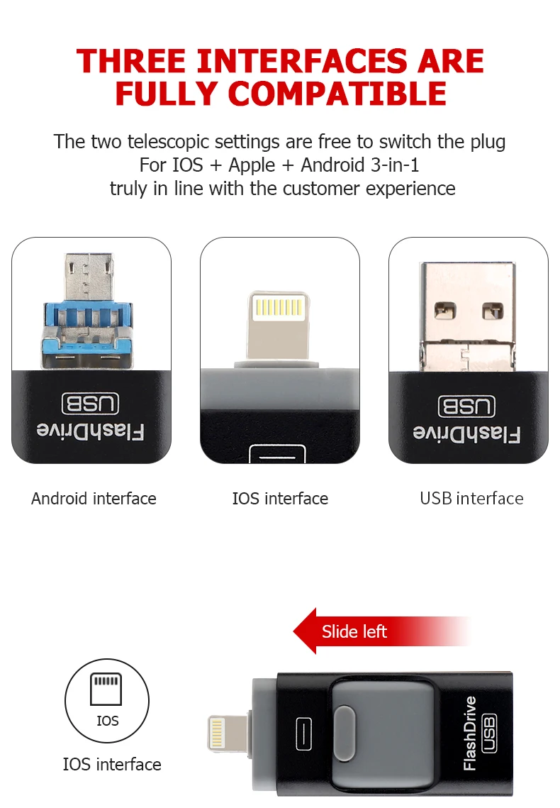 3-in-1 mobile-compatible USB memory stick in various colors and capacities for use with Android, Windows, and iOS devices