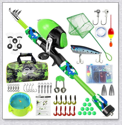 A high-quality fishing pole kit designed for kids, featuring a telescopic rod, spincast reel, and essential fishing accessories for outdoor adventures.