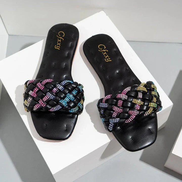 Stylish square head flat sandals with colorful diamond embroidery and a comfortable rubber sole