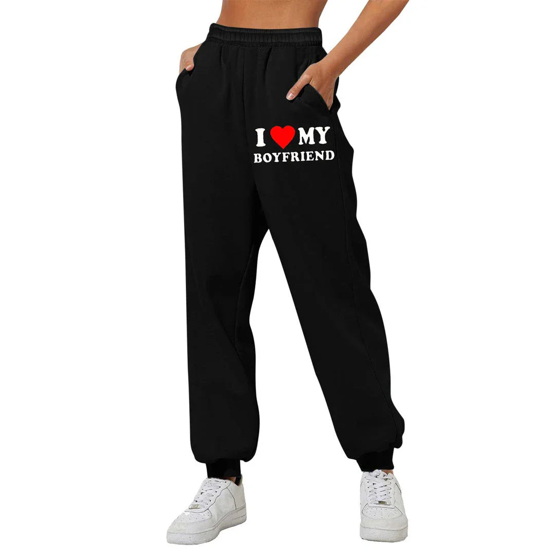 Trendha 'I Love My Boyfriend' Printed Trousers - Comfortable, Stylish Sweatpants for Kiwi Couples