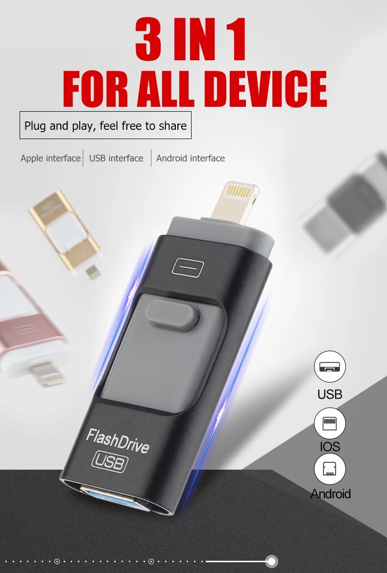 3-in-1 mobile-compatible USB memory stick in various colors and capacities for use with Android, Windows, and iOS devices