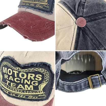 Vintage heavy-washed denim baseball cap with embroidered biker patch, available in 8 colour combinations for authentic Kiwi style