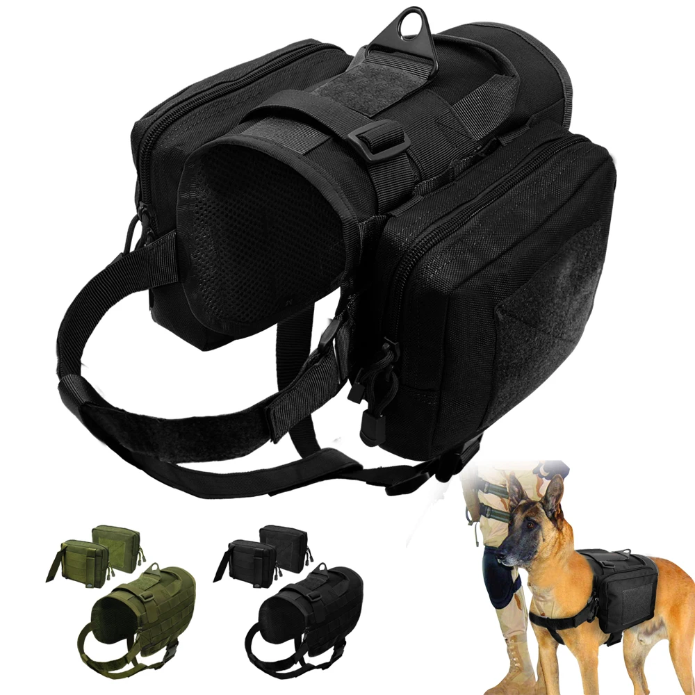 Tactical dog harness with detachable utility pouches in black and green colors, designed for outdoor adventures and service tasks