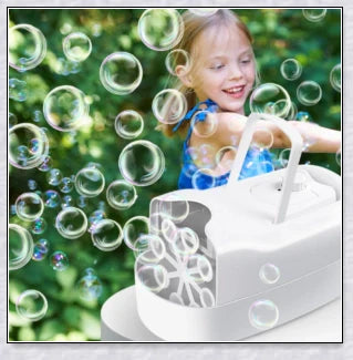 A white bubble machine blower with durable construction, perfect for birthday parties, weddings, and summer fun