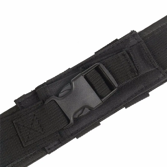 A durable tactical belt made from high-density nylon, with two convenient pouches for storing essential gear.