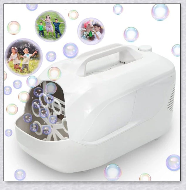 A white bubble machine blower with durable construction, perfect for birthday parties, weddings, and summer fun